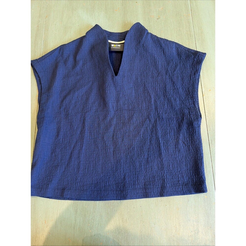 Maeve by Anthropologie Blue Textured Cap Sleeve V-Neck Blouse Top XXS OB1896811